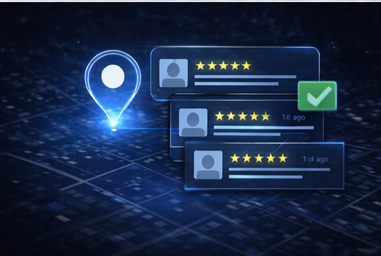Digital map with review cards and star ratings representing customer reviews and reputation management