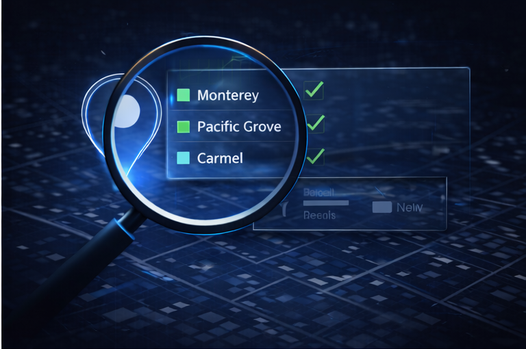 Digital map with magnifying glass highlighting targeted local search areas and location pins