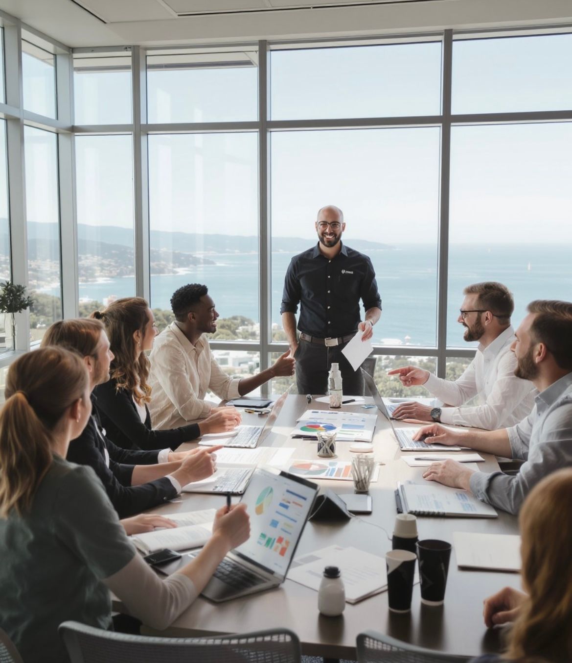 Digital marketing team meeting focused on SEO strategy and business growth