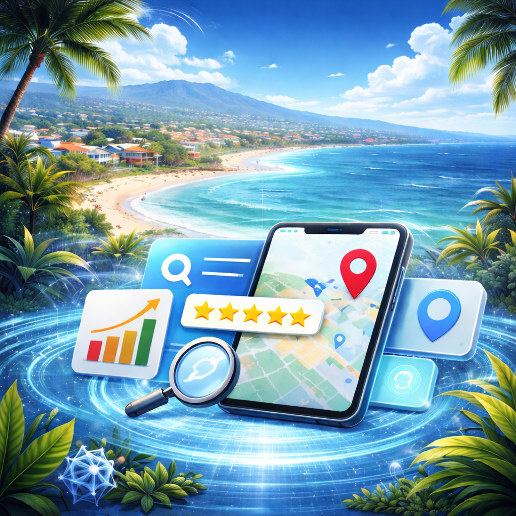 Futuristic coastal Monterey scene with smartphone map, local SEO icons, and five-star rating representing local business visibility on Google