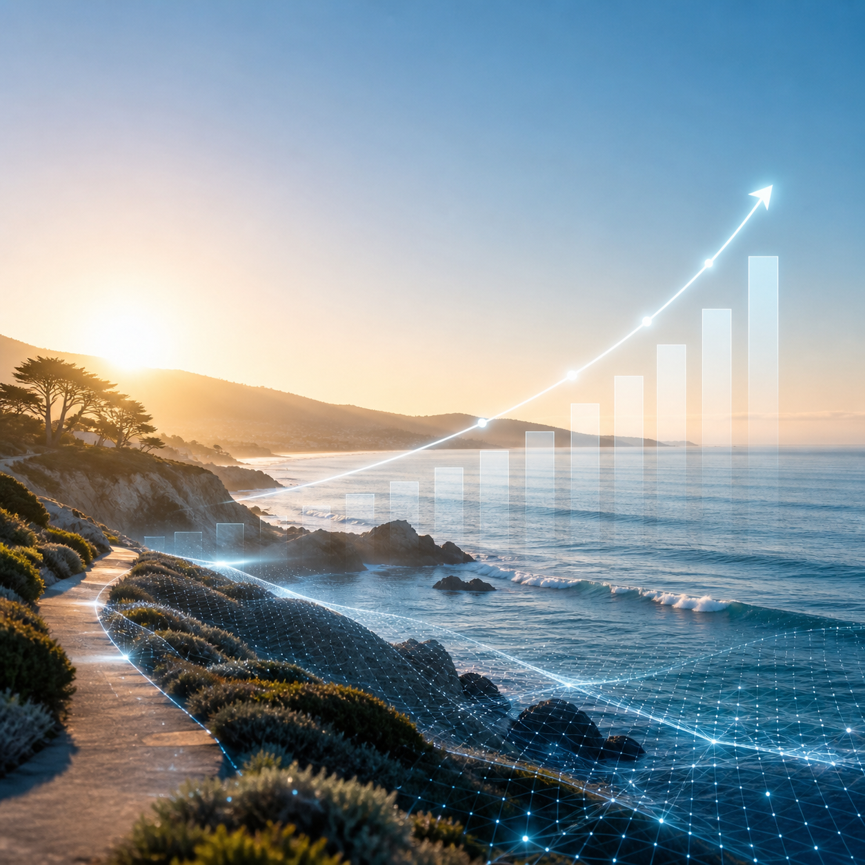 Monterey coastline with abstract digital growth line representing SEO progress