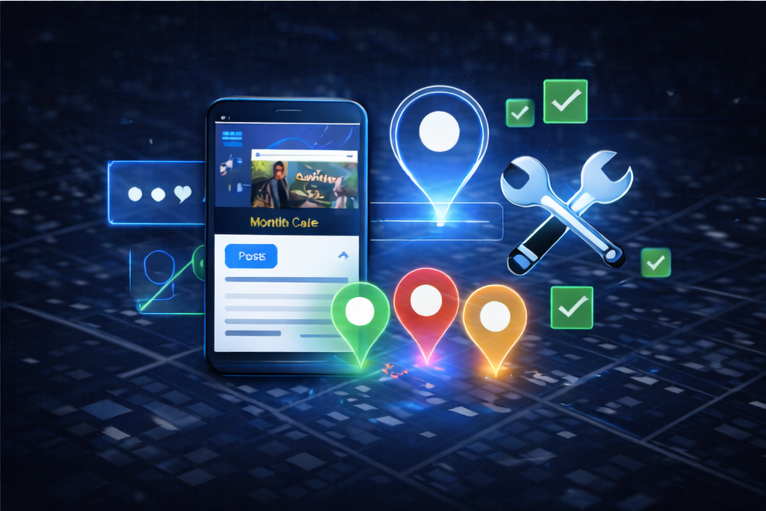 Smartphone with map pins and tools icons representing ongoing local SEO optimization and updates