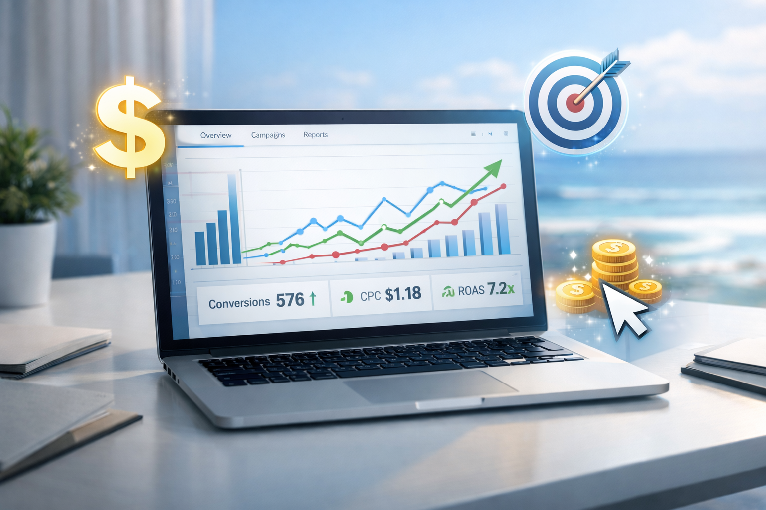 Google Ads performance dashboard showing increased conversions, ROI, and paid advertising results