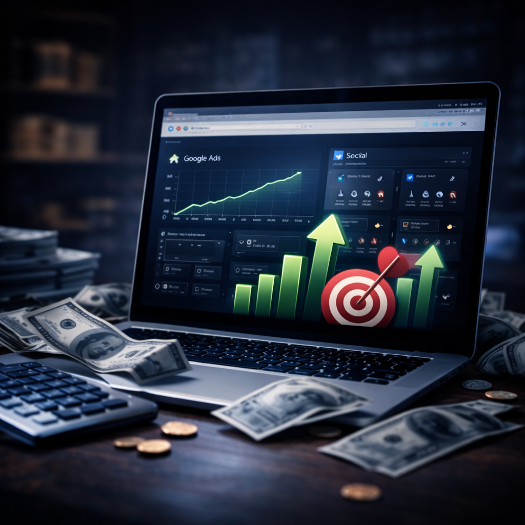 laptop showing increasing ad performance with growth charts and targeting strategy for google ads and social media campaigns