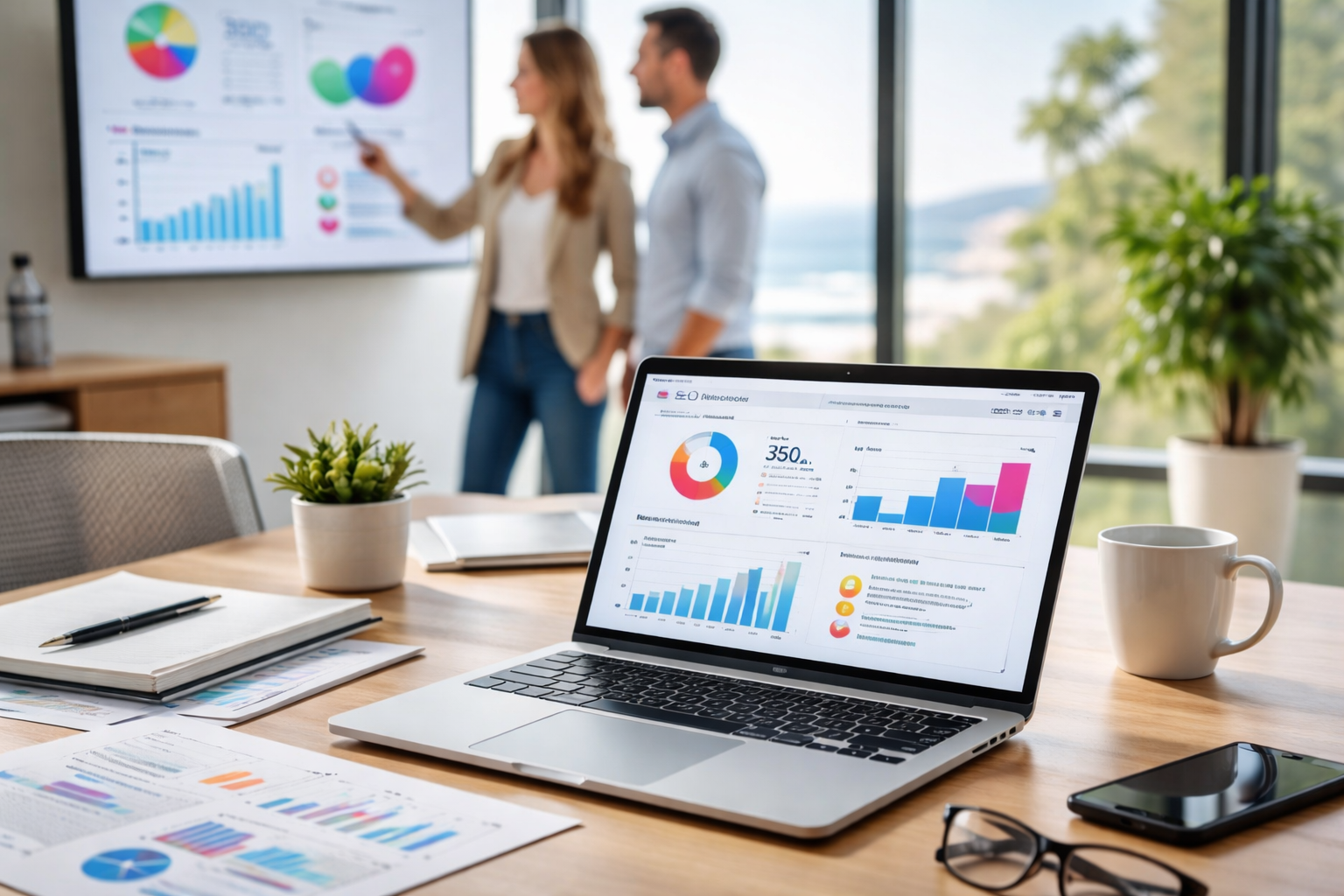 SEO analytics dashboard displayed on laptop during digital marketing strategy discussion