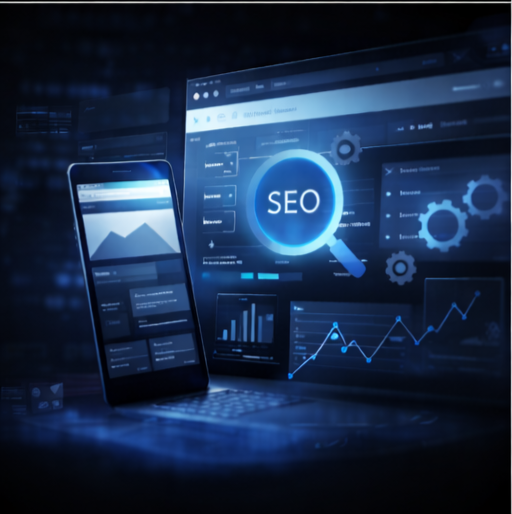 SEO-ready website structure with analytics charts and search optimization interface