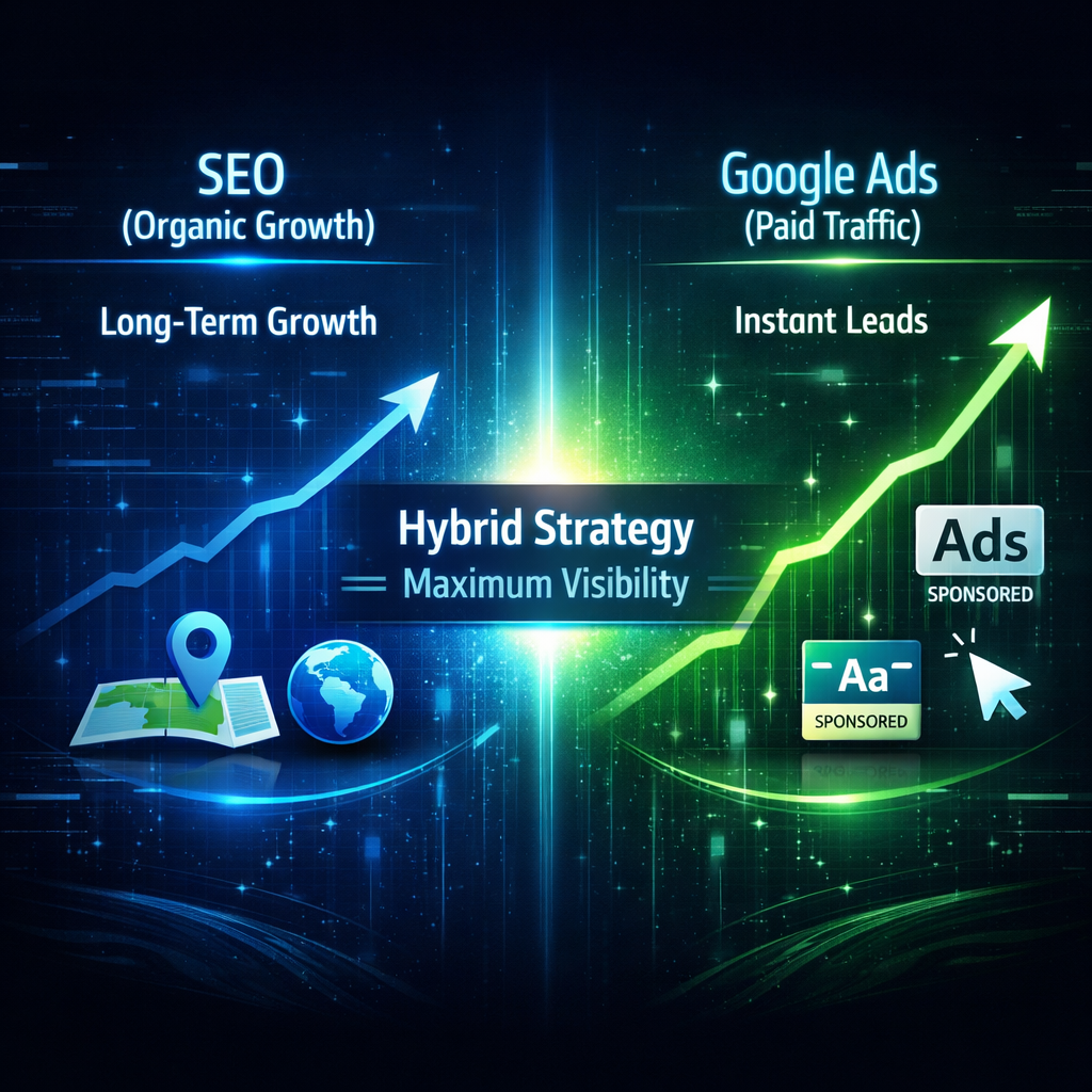 SEO vs Google Ads comparison showing organic growth vs paid traffic with a hybrid strategy for maximum visibility in Monterey search results