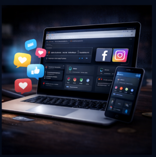 laptop and mobile device displaying social media advertising campaign targeting and engagement visuals