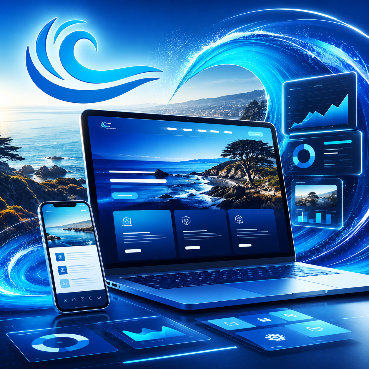 SEO-focused WordPress website design concept with a laptop, mobile screen, analytics panels, and blue ocean wave graphics for Monterey web design services.