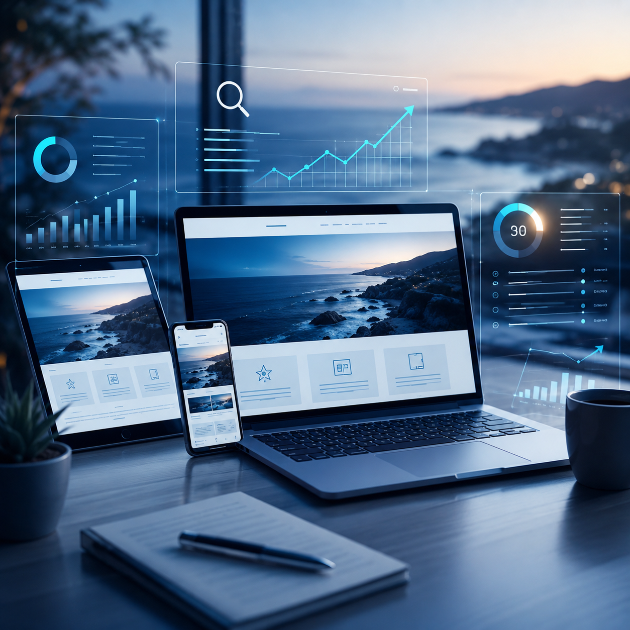 Modern website design and SEO analytics for a Monterey business with coastal background.