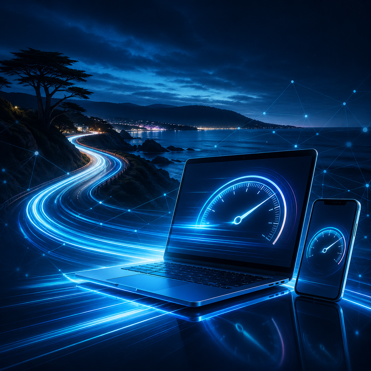 futuristic coastal website speed concept with glowing performance gauge and devices