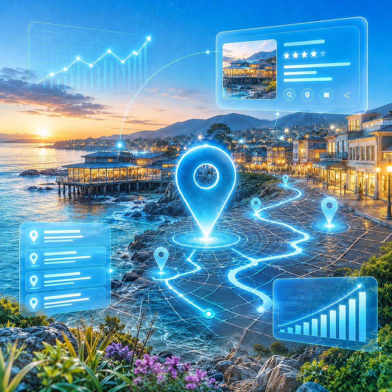 Bright futuristic coastal Monterey scene with glowing map pins and digital SEO analytics showing local search visibility.