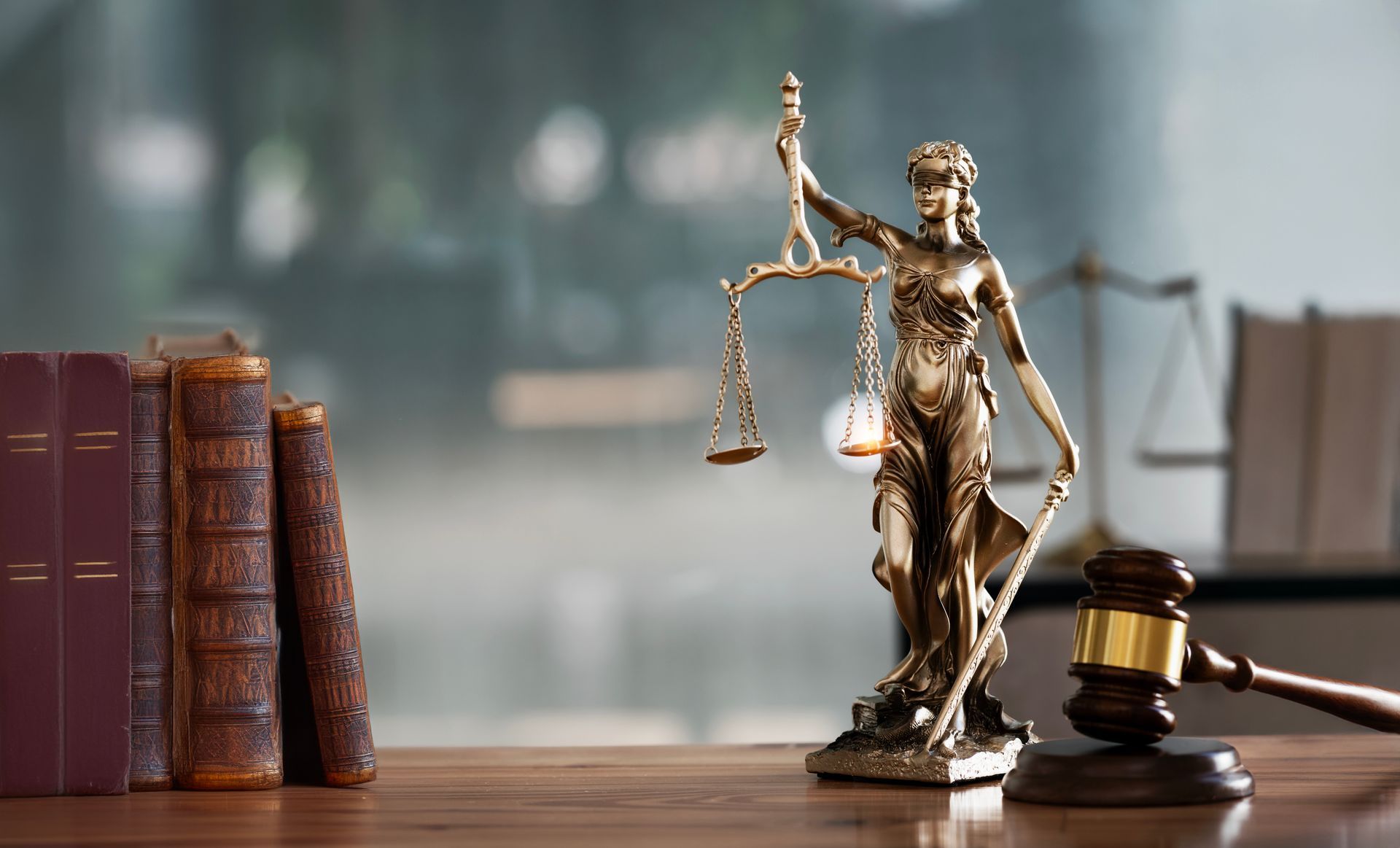 Lady Justice statue beside law books and a gavel on a wooden desk