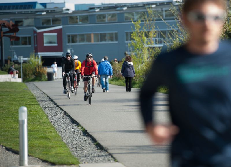 A group of people riding bikes and jogging on a sidewalk