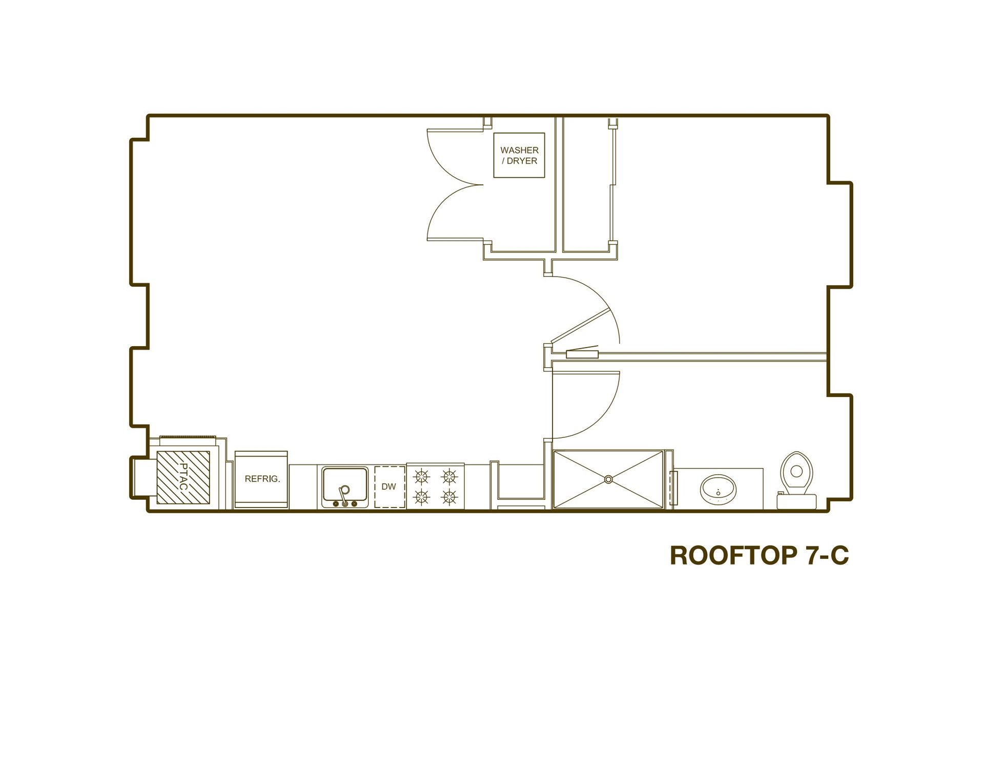 A black and white floor plan of a rooftop apartment.