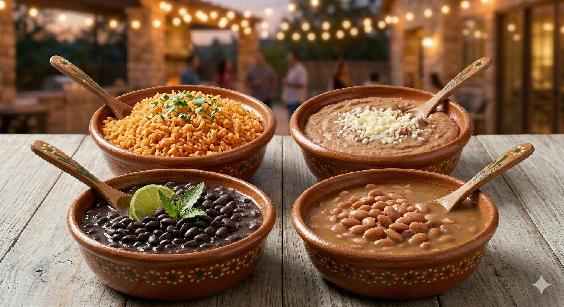 A spread of various taco meats, salsas, and a stack of corn tortillas in clay bowls on a table at an outdoor patio.