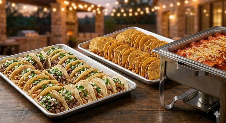 A catering spread featuring a tray of tacos, a tray of taco shells, and a chafing dish of enchiladas on an outdoor table.
