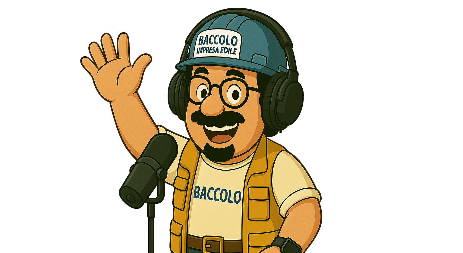 Un personaggio dei cartoni animati che indossa delle cuffie e un cappello è in piedi davanti a un microfono.