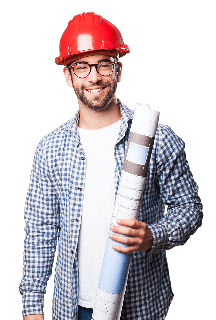 Un Tecnico di cantiere che indossa un elmetto e occhiali tiene in mano un rotolo di progetti.