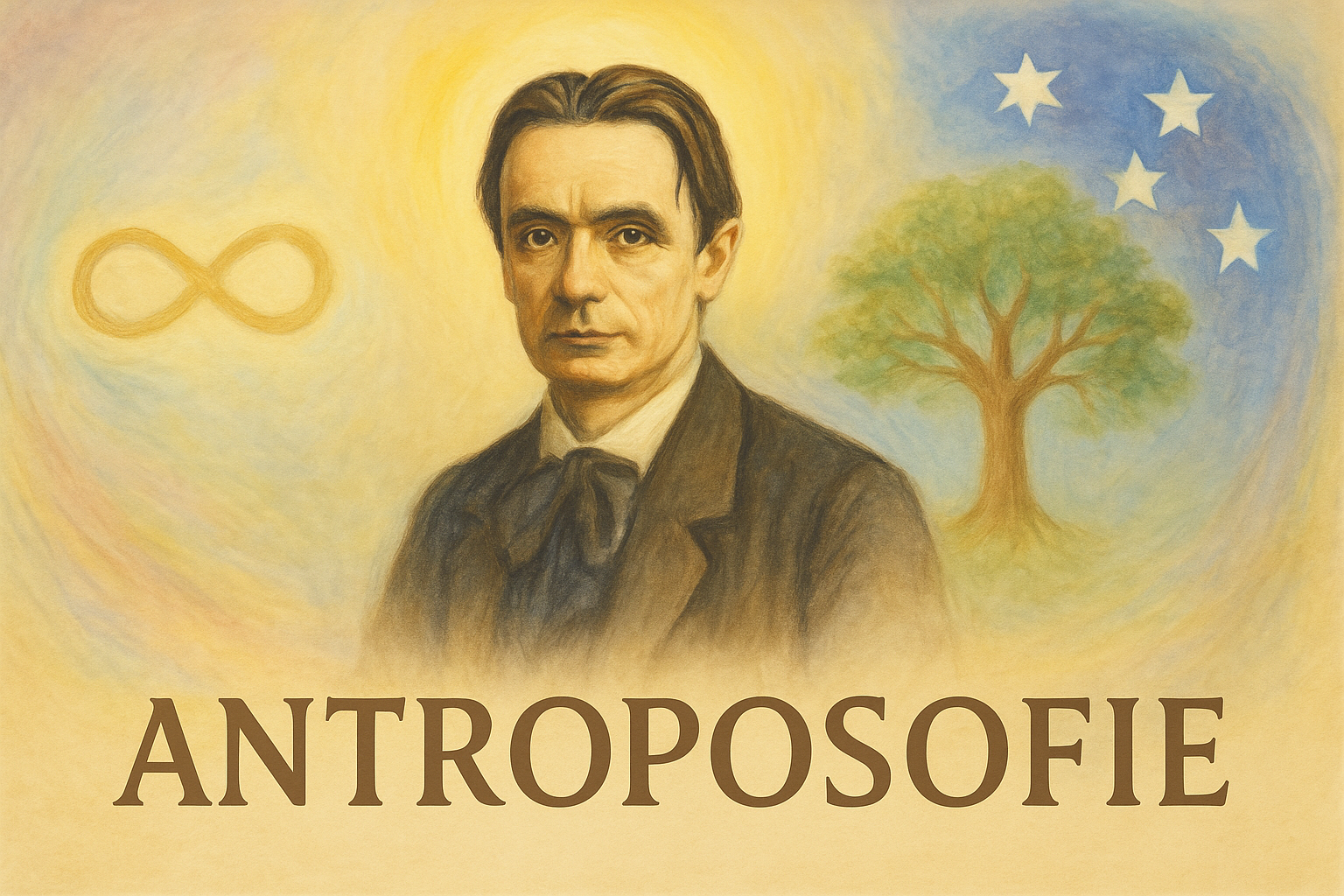 Portret van Rudolf Steiner met oneindigheidssymbool, boom, sterren en het woord 