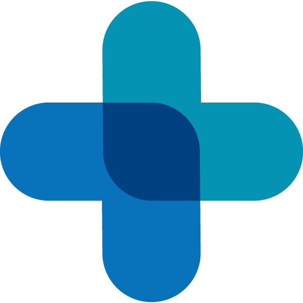 A blue plus sign on a white background.