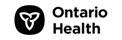 A black and white logo for ontario health with a heart in a circle.