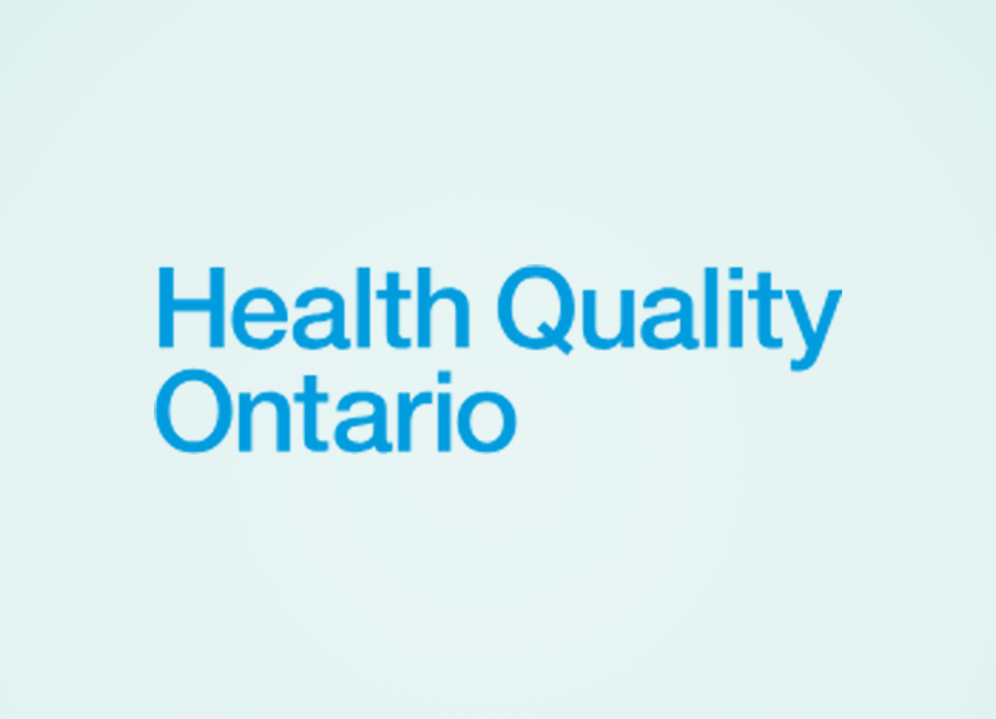 The health quality ontario logo is blue and white on a light blue background.