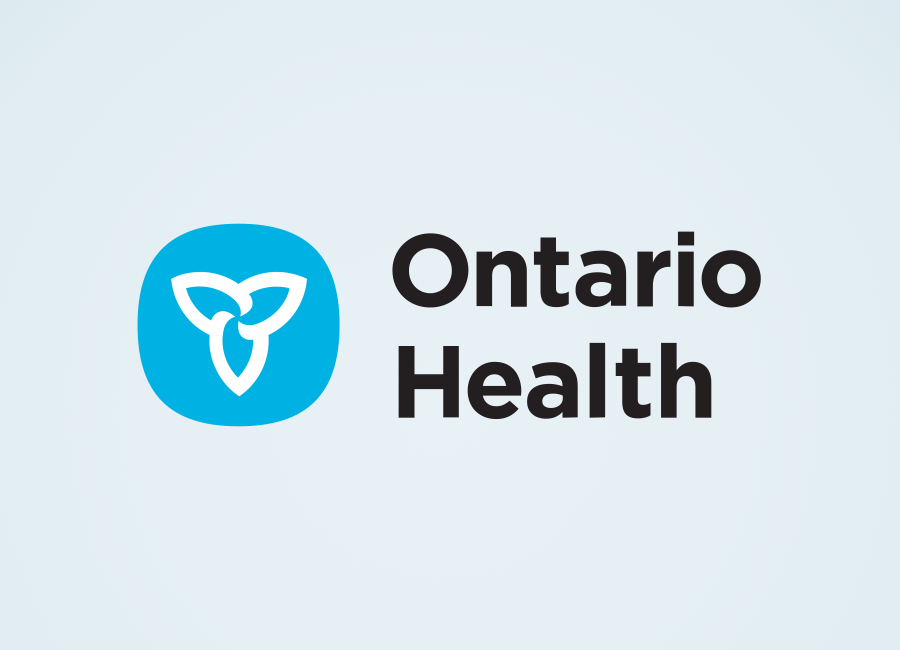 The ontario health logo is a blue circle with a flower in it.