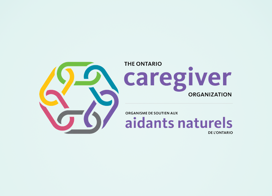 The logo for the ontario caregiver organization is a colorful hexagon.