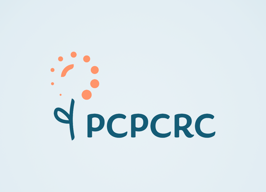 A blue and orange logo for pcpcrc on a white background.