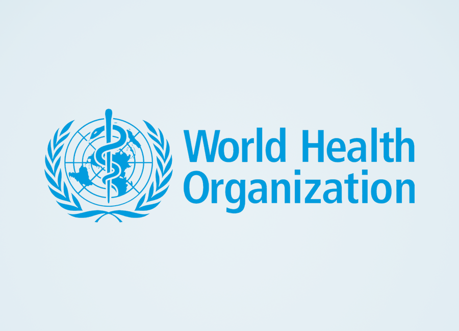 The world health organization logo is blue and white on a blue background.