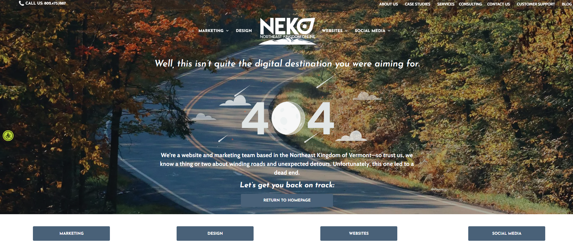 404 error page. Winding road through autumn trees. NEKO logo at top.