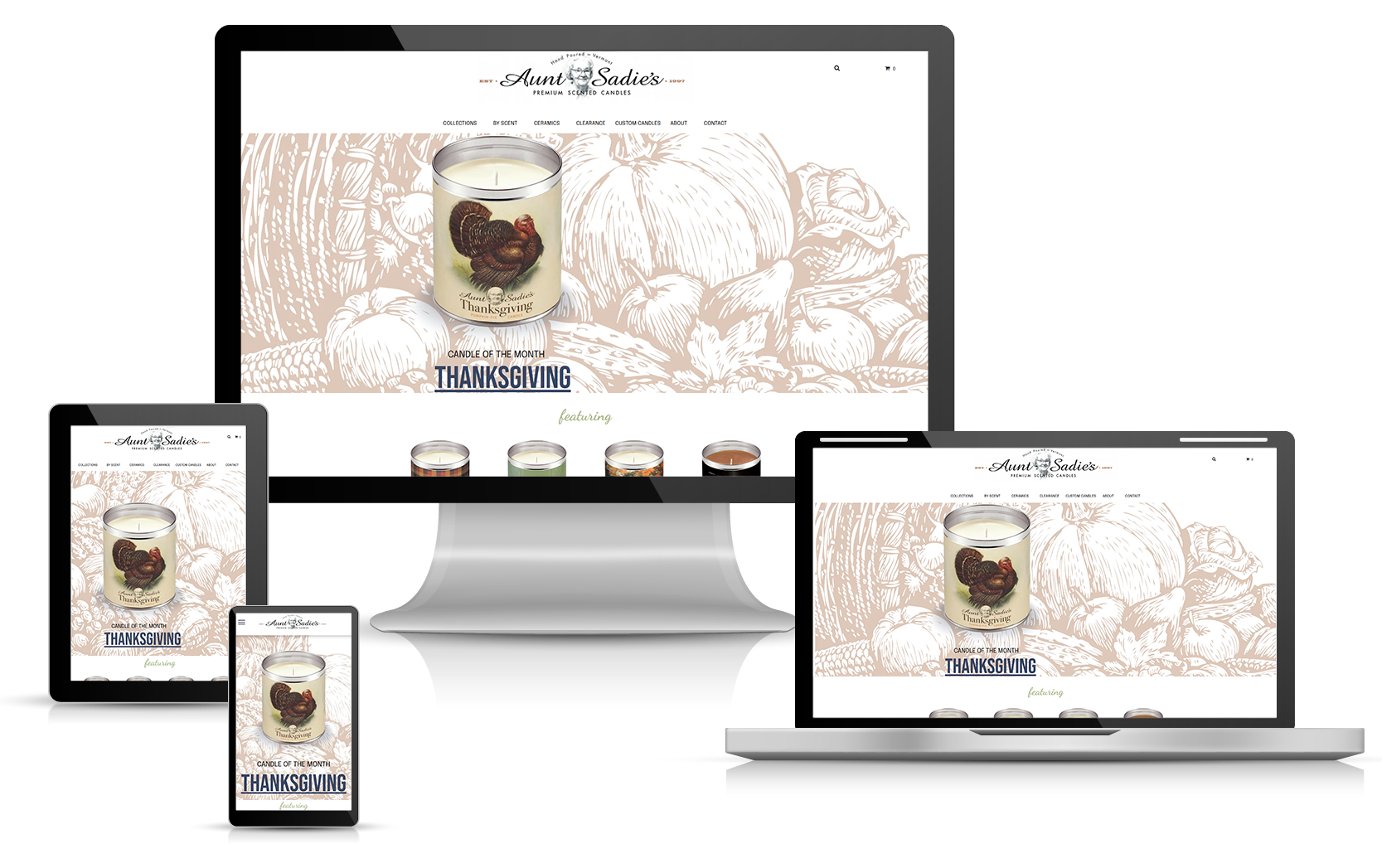 Aunt Sadie's Premium Scented Candle Website Design on Multiple Screens and Devices.