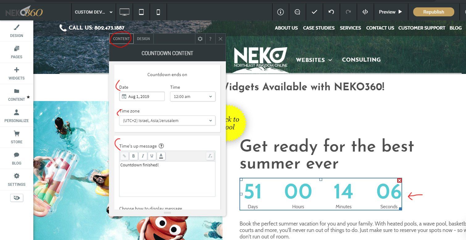 How to edit the countdown widget on your NEKO360 website?