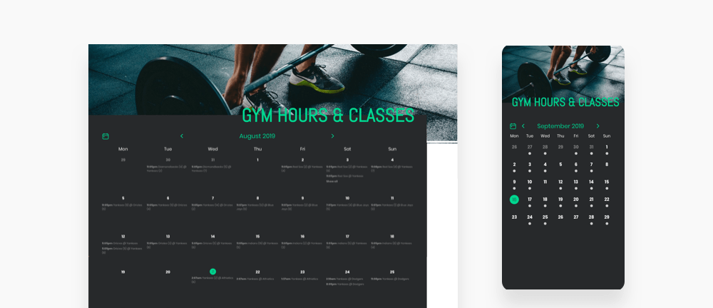 Gym events calendar sections 
