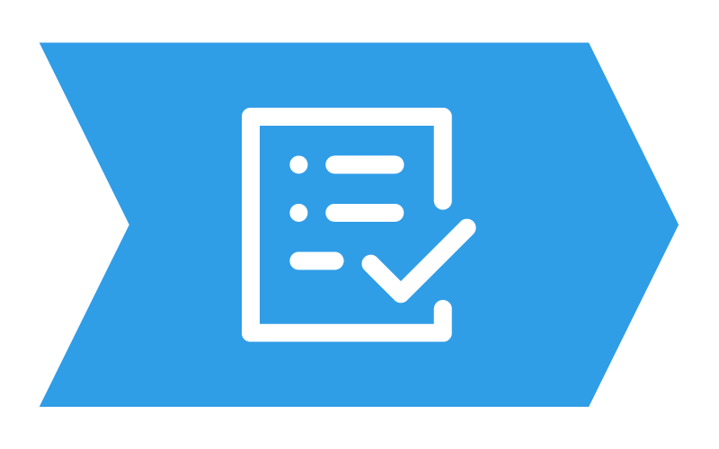 Blue arrow with a document icon; a checklist with a checkmark.