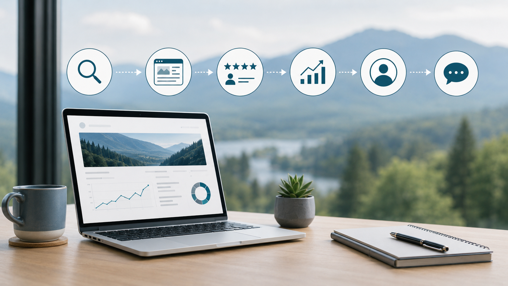 Laptop with marketing analytics and connected icons showing the path from online visibility to customer conversation.