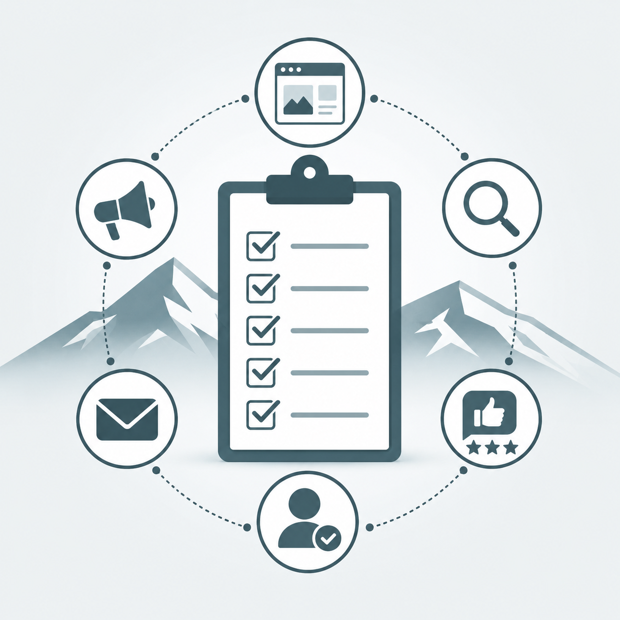 Digital marketing checklist with website, search, social media, review, email, and follow-up icons.