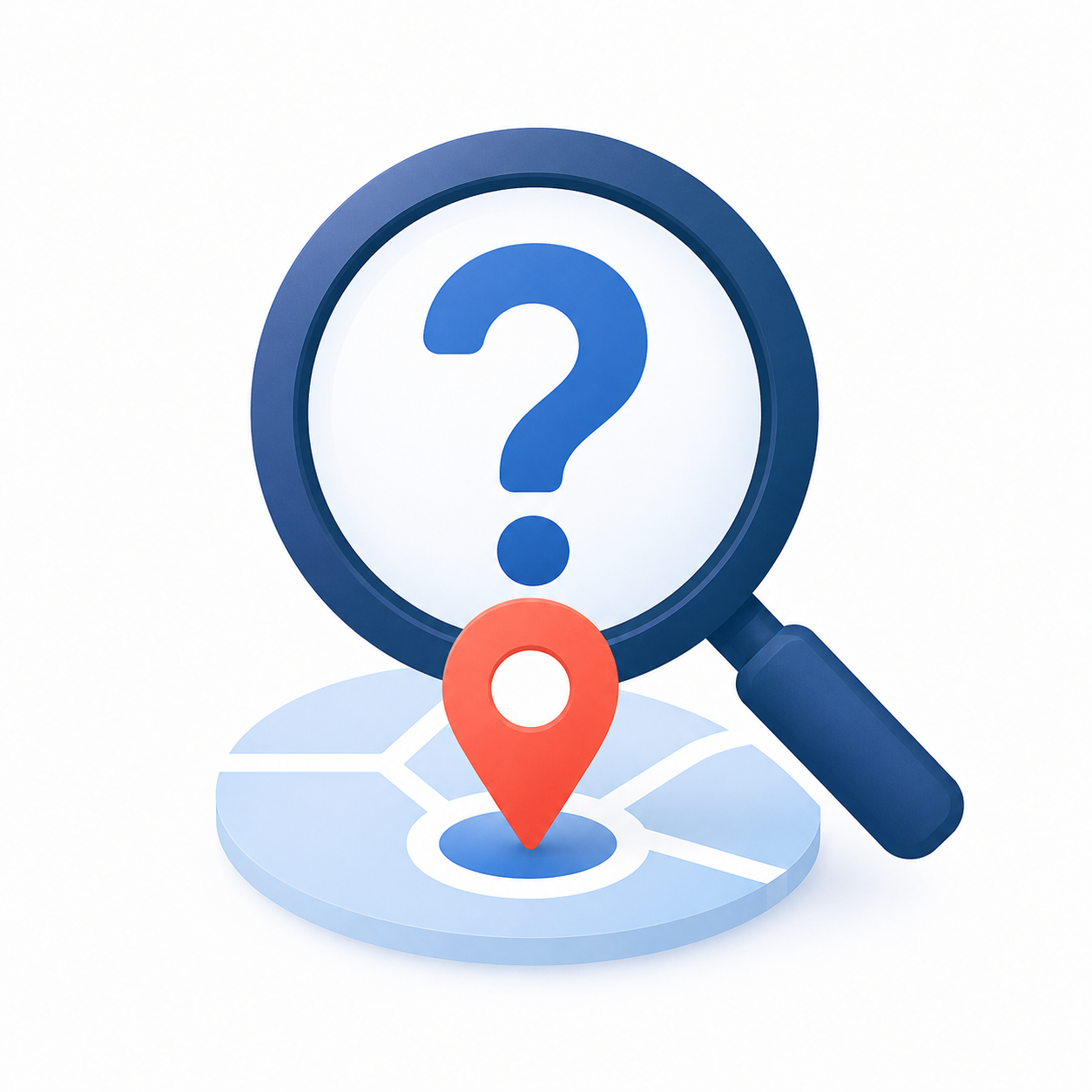Magnifying glass, question mark, and map pin representing local search questions.