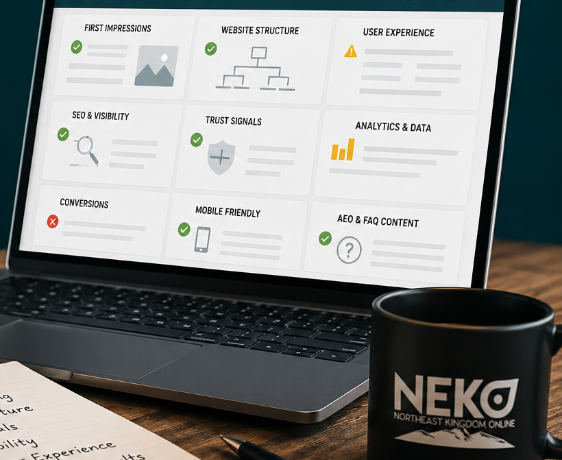 Laptop with website review metrics beside NEKO mug highlighting SEO, analytics, and user experience.