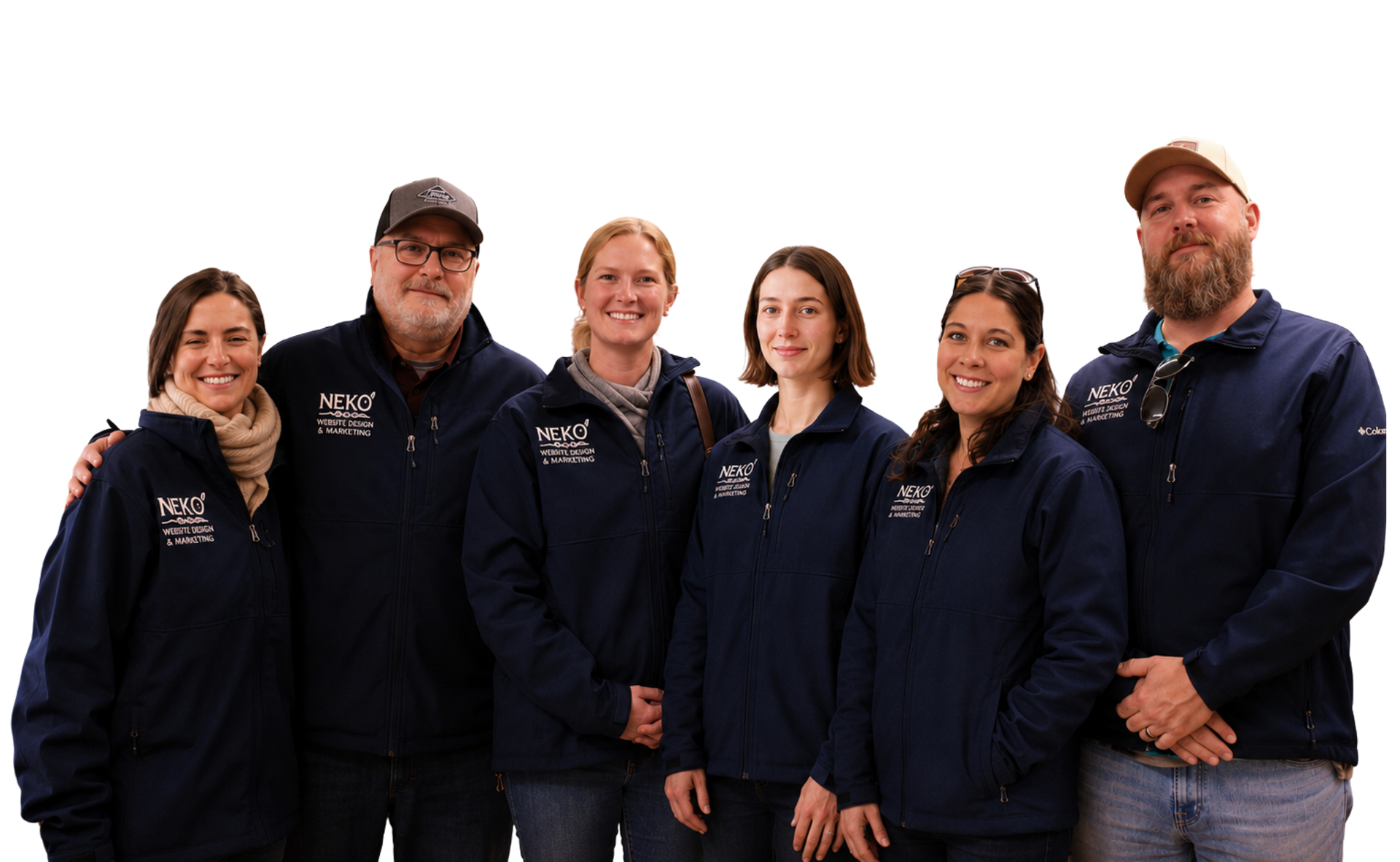 NEKO team members in navy colored NEKO logo jackets