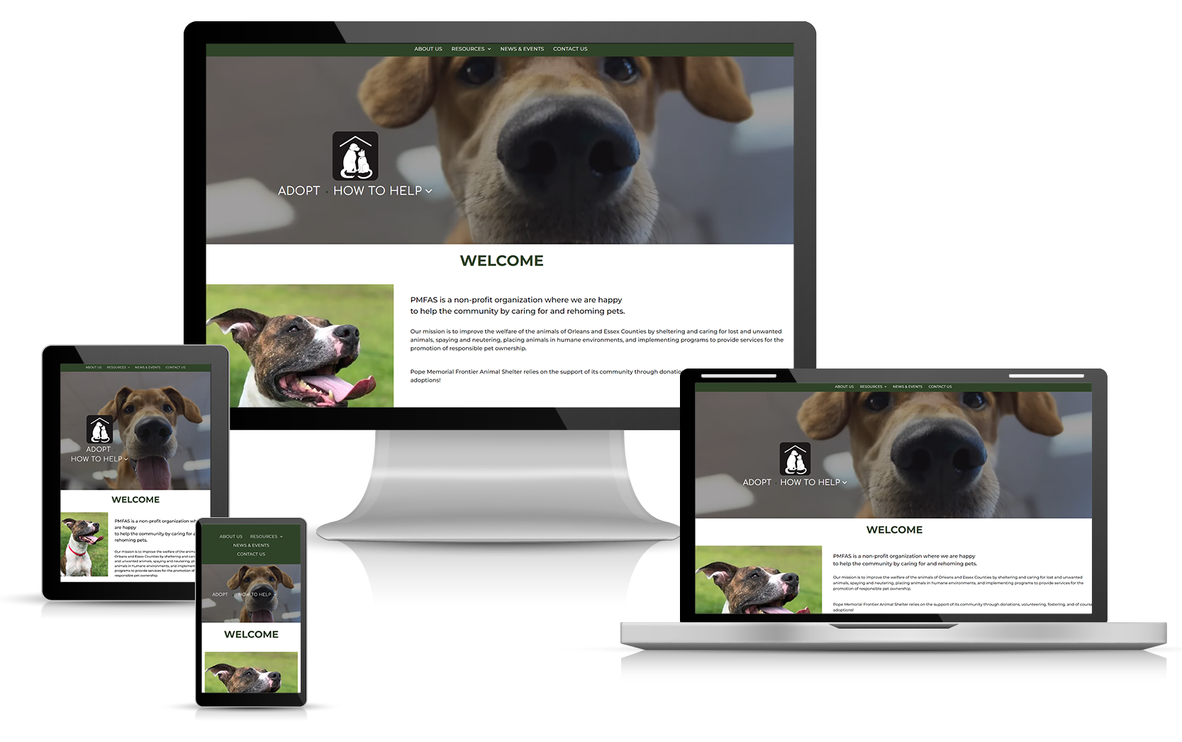 Pope Memorial Frontier Animal Shelter Website Design on Multiple Screens and Devices