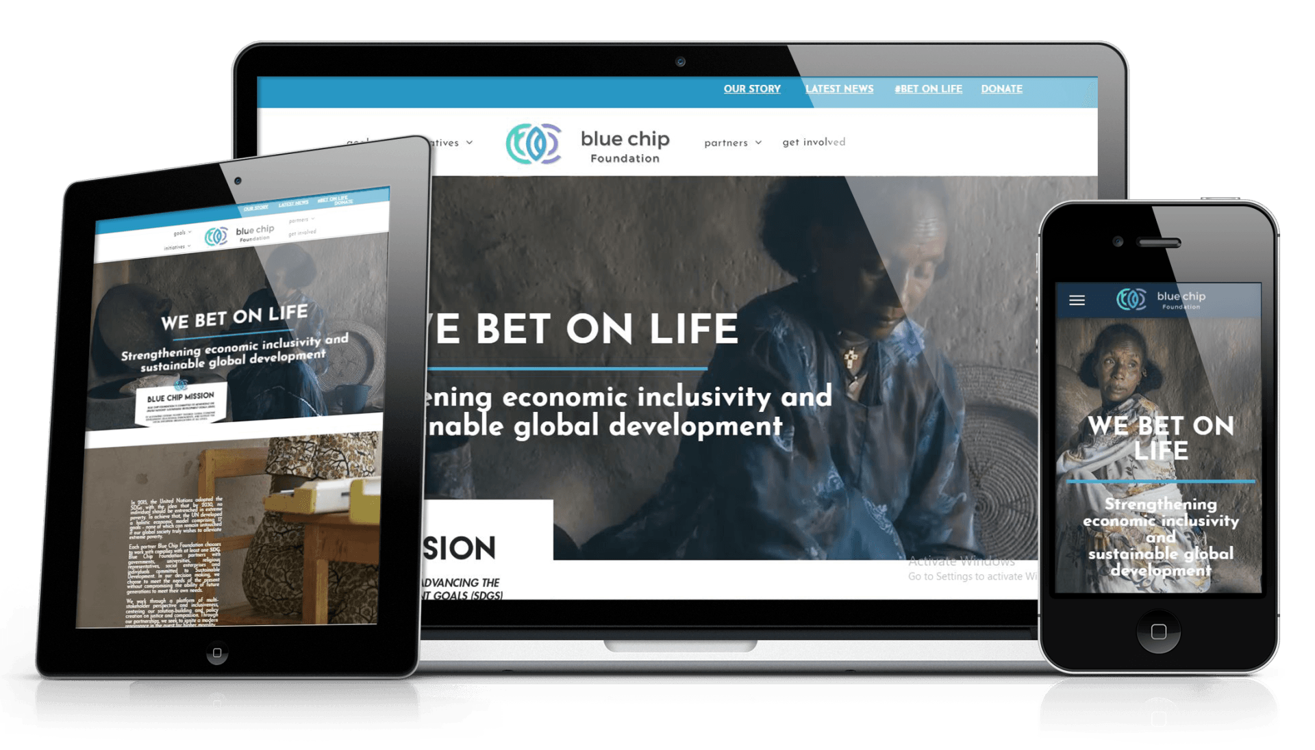 Blue Chip Foundation home page on a tablet, laptop, and phone