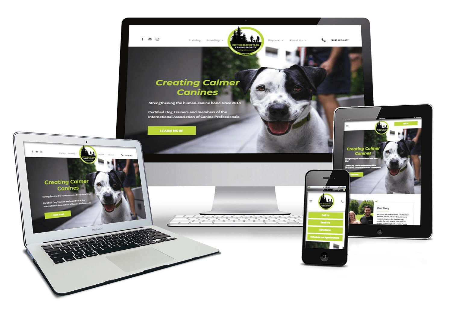 Off The Beaten Trail Canine Facility Home page on a monitor, laptop, tablet, and phone