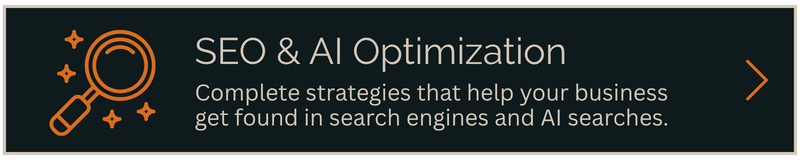 Dark banner promoting SEO & AI optimization with orange icons and white text on a black background