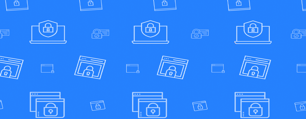 a blue background with white line art of laptops and websites with locks over them