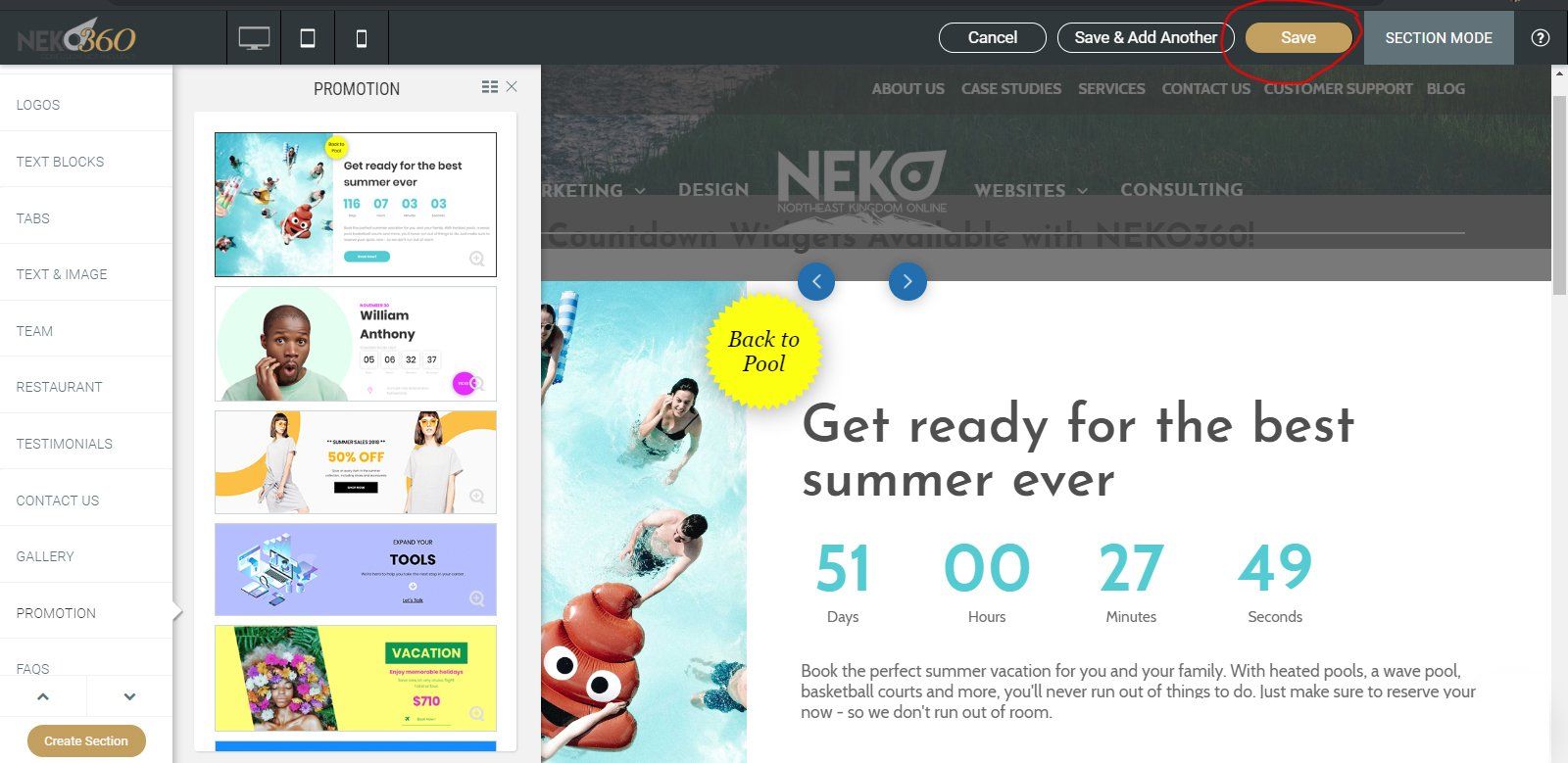 How to save sections on your NEKO360 website?