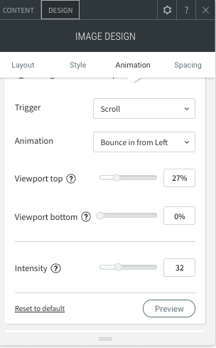 The Animation editor box showing the scroll settings