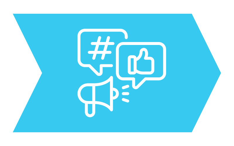 Social media icons of a megaphone, hashtag, and thumbs up, on a blue arrow.