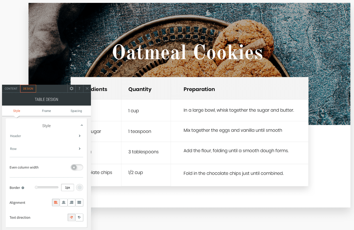 New table widget to create ingredients lists for recipes is available with NEKO360 at Northeast Kingdom Online in Vermont.